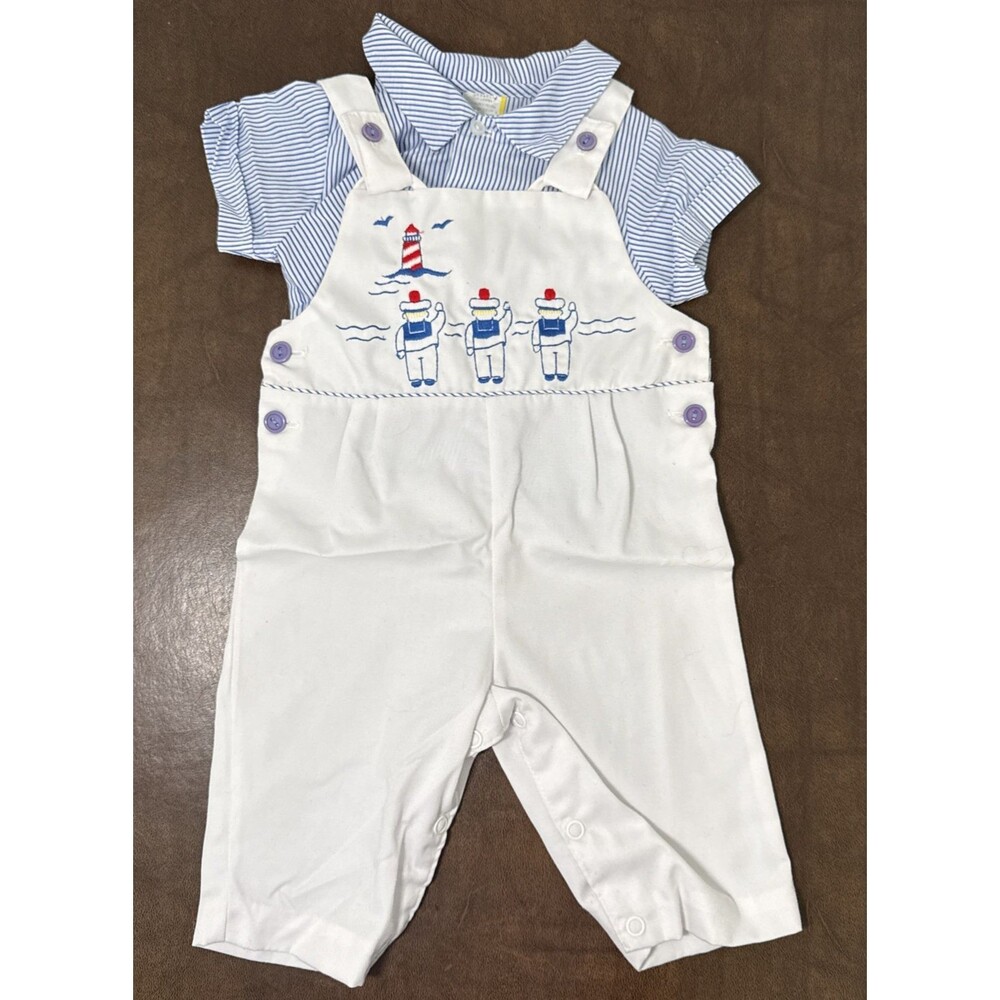 Vintage 2 Piece Sailor Outfit Nautical Lighthouse Overalls Embroidered Sz 3-6 Mo